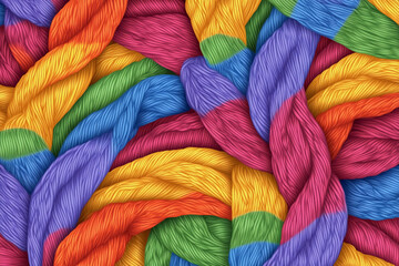 Poster - Colorful woven yarn strings create vibrant rainbow wallpaper. Generative AI
