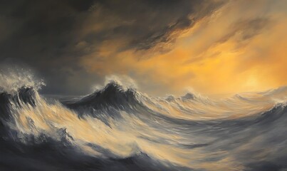 Poster - Dramatic image of a stormy sea featuring towering waves and striking lighting effects.