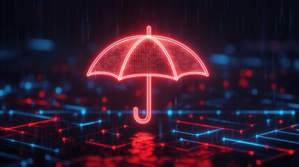 Poster - A glowing neon umbrella against a dark, rainy backdrop, symbolizing protection and safety in a digital environment.