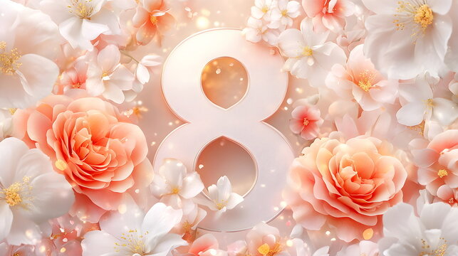 Elegant Floral Illustration for International Women's Day – Roses, Peonies & Cherry Blossoms in Soft Pastel Tones with Feminine Silhouette and Golden Sparkles
