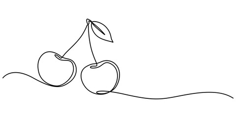 Poster - Cherry minimalistic design. Hand drawn sketch, Cherry outline icon. Continuous one line drawing. Vector illustration isolated on white background, Red cherry fruit illustration with continuous line. 