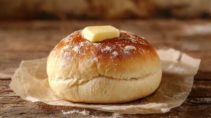 Wall Mural - A freshly baked bread roll on a rustic wooden table, with a pat of butter on top.