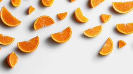 Wall Mural - Bright and fresh orange slices scattered on white background