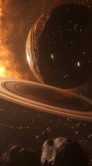 Wall Mural - A Majestic View of a Ringed Planet with Two Moons and Nebula