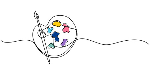Fototapete - One Continuous Line Drawing of Art Class Icon. Single Line Vector Illustration, Continuous one line drawing of a art materials. Artsy brushes and painting palette one line drawing vector illustration.