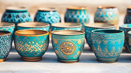 Poster - Colorful decorative ceramic pots with intricate patterns, showcasing vibrant turquoise hues and gold accents, arranged in a visually appealing manner.