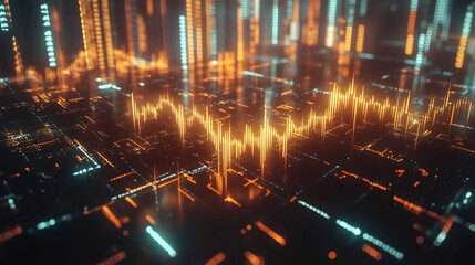 Poster - Digital soundwave glowing against sleek urban skyline, representing technological progression and innovative communication design