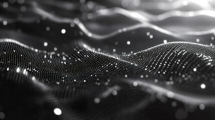 Poster - Abstract wave particles flowing, forming a digital network connection, big data visualization, black and white