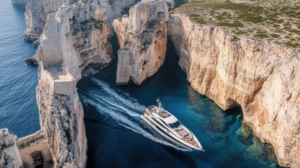 Wall Mural - Arafed boat floats in serene water near a towering cliff, crowned by a majestic castle, showcasing a blend of nature and historical architecture.