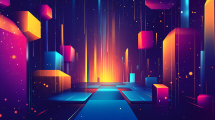 Aufkleber - Colorful neon lights illuminate futuristic cityscape with floating cubes and bright glowing lines in night sky