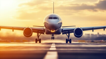 Wall Mural - An airplane descends gracefully onto a runway, silhouetted against a stunning sunset and a backdrop of dramatic clouds.