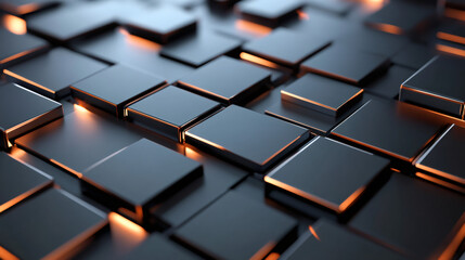 Leinwandbilder - Dark reflective tiles with glowing orange edges create a futuristic geometric pattern, emphasizing modern design and technology concepts