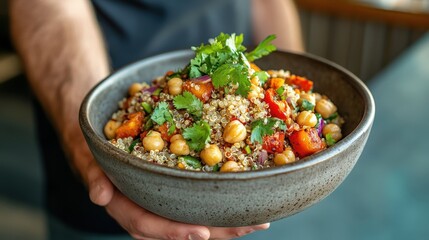 Wall Mural - A man appreciating a hearty bowl of quinoa and chickpea salad, garnished with fresh herbs, in a contemporary dining space, reflecting the trend towards high-fiber, plant-based proteins.