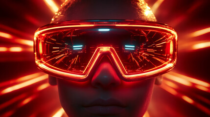 Poster - Glowing neon virtual reality headset illuminating person's face with intense red lighting, revealing high-tech digital aesthetic