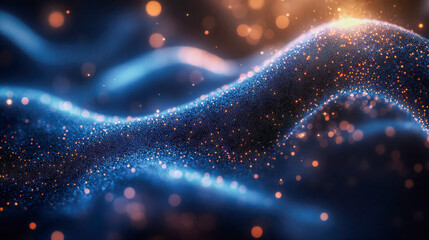 Poster - Smooth abstract waves with glowing particles floating in space, evoking a futuristic digital landscape