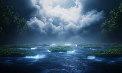 Aufkleber - Floating geometric landforms illuminated by glowing rivers in a visually striking landscape image.