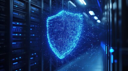Poster - Cybersecurity shield illuminated amidst a server room's digital landscape