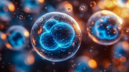 Poster - Close-up of blue microscopic exosome particles inside transparent spheres, floating in a dark background