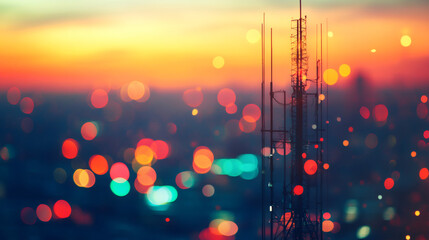 Poster - Telecommunication tower standing tall against a backdrop of blurred city lights at sunset, symbolizing connectivity and urban life
