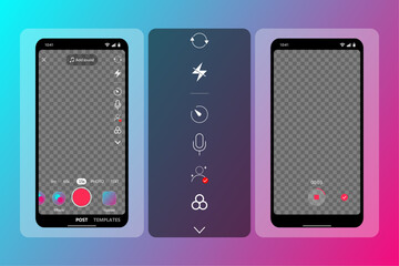 Wall Mural - TikTok mock up design. Video recording camera interface. Video recording page for popular social media on a smartphone. Social media screen and social media interface template set