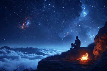 alone traveler by a campfire under a starry night sky, peaceful wilderness adventure scene for explo