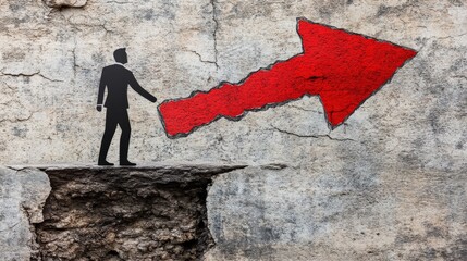 Poster - Silhouette of a businessman walking towards a large red arrow on a cracked wall, symbolizing growth