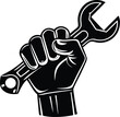 © azad - Labor Day hand holding wrench silhouette vector illustration for worker rights, mechanic tools, repair service, industry, engineering, construction, and maintenance.