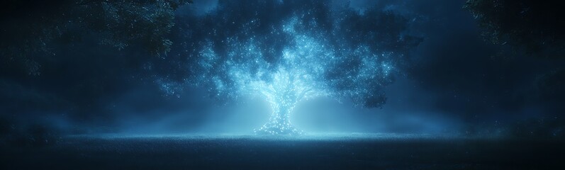 Poster - A glowing tree illuminates a dark enchanted forest, creating a mystical ambiance in this captivating image.