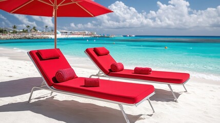 Two red lounge chairs are positioned on the beach under a matching red umbrella, creating a vibrant and inviting relaxation spot by the sea.