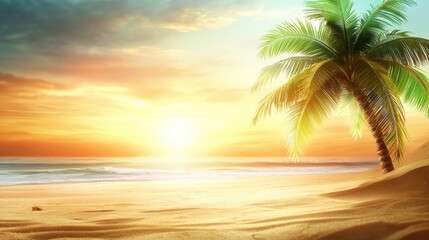 Wall Mural - A serene beach scene featuring a solitary palm tree silhouetted against a vibrant sunset, evoking tranquility and natural beauty.