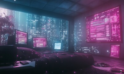 Leinwandbilder - A futuristic cyberpunk user interface with a glitchy neon aesthetic.