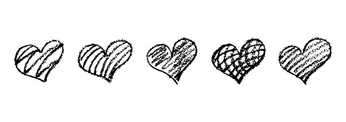 Poster - Set of black hearts signs drawn by wax pencil. Love symbols in doodle style. Collection of hand drawn kid hearts elements shaded with diagonal lines, checkered pattern. Vector illustration.