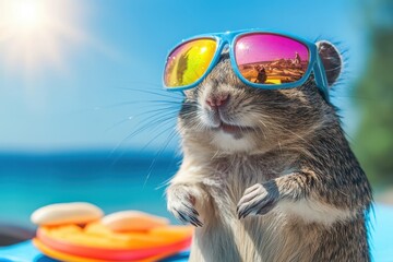 A stylish hamster enjoys a sunny beach day, sporting sunglasses and surrounded by a colorful plate of fresh fruit, embodying relaxation and fun.