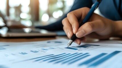 Aufkleber - Hand Holding Pen Over Business Graphs and Data Analysis Sheets