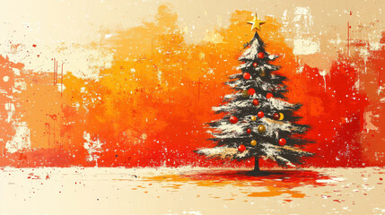 Wall Mural - vibrant abstract christmas tree with colorful ornaments against warm orange background evokes festiv