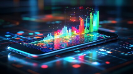 Poster - Smartphone Displaying Financial Graph on Digital Interface, A smartphone displaying a colorful financial graph on a digital interface