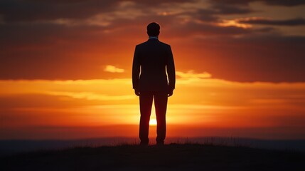 Wall Mural - Arafed man stands on a hilltop, gazing at a vibrant sunset, capturing a moment of reflection and tranquility in nature's beauty.