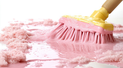 pink cleaning brush creating bubbly foam on white surface, evoking playful and cheerful atmosphere