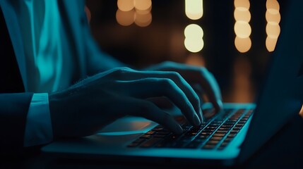 Canvas Print - Close-up of hands typing on laptop keyboard at night.