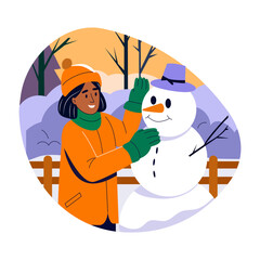 Wall Mural - A girl building snowman in winters, flat style illustration