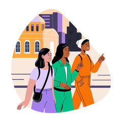 Wall Mural - Female friends travelling together, flat style illustration