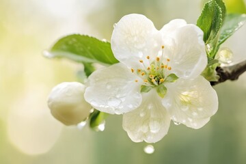 Canvas Print - A delicate white flower adorned with fresh water droplets, showcasing its natural beauty and freshness in an enchanting manner.