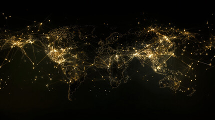 Aufkleber - Luminous golden lines connecting networked points creating digital world map, symbolizing global connectivity and data sharing across dark background