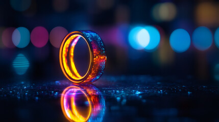 Leinwandbilder - Close-up of glowing futuristic ring reflecting on a wet surface with bokeh lights in the background