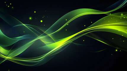 Poster - Flowing green waves dance across a dark background, illuminated by shimmering particles, creating a vibrant and dynamic abstract scene