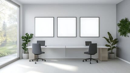 Poster - Modern workspace featuring three blank white screens, ideal for digital projects and presentations.