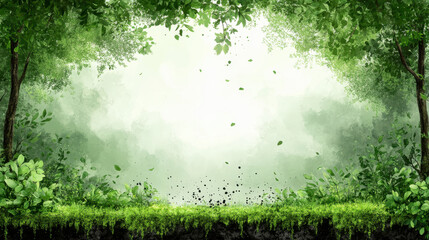 Wall Mural - Lush green forest scene with vibrant leaves and soft light filtering through