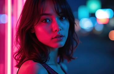 Poster - Portrait of woman in neon light. Pink, blue colors create glow effect. Night city lights bokeh background. Female with dark wavy hair poses in abstract urban setting.