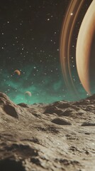 Wall Mural - Distant planetary vista showcasing a ringed giant from a rocky terrain