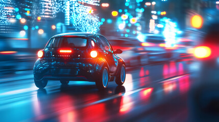 Poster - Modern electric car driving fast on a wet city street at night with motion blur and colorful lights